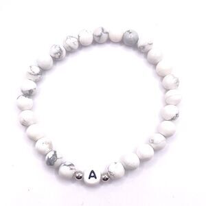 Black and White Stone Beaded Bracelet Initial A Natural Howlite Stretch Bracelet